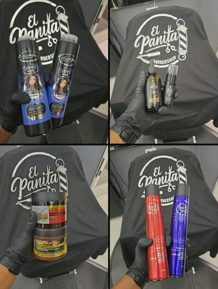 Producto profesional de El Panita Barbershop: Champú anticaspa purificante Be’Shyne Professional; Aceite de barba Artigo y aceite de queratina RedOne; Mascarilla anticaída Trichogen y mascarilla de argán; Lacas RedOne Spider Hair Styling Spray