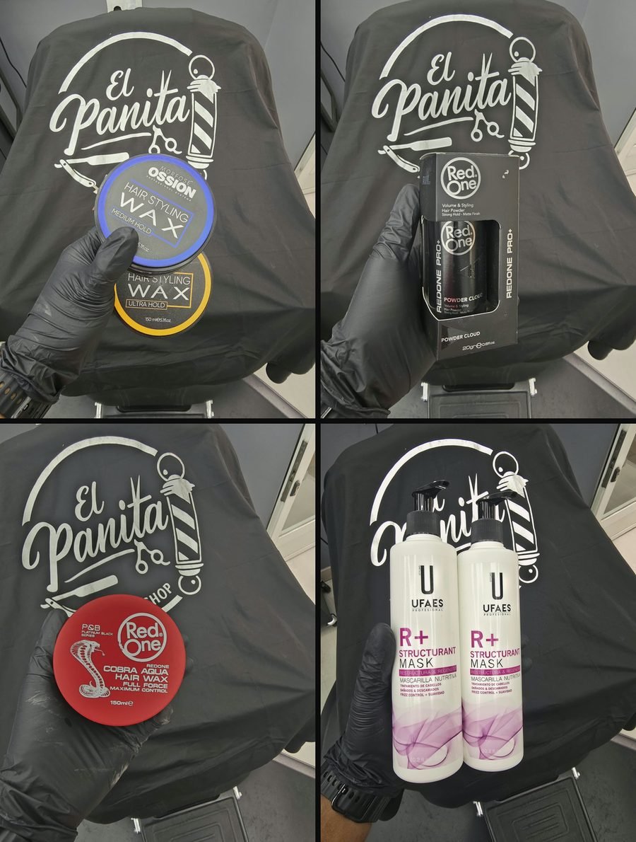 Producto profesional de El Panita Barbershop: Ceras Morfose Ossion de fijación media y ultra; RedOne Powder Cloud, polvo de volumen con acabado mate; Cera RedOne Cobra Aqua Hair Wax de fijación fuerte; Mascarilla nutritiva Ufaes R+ Structurant Mask