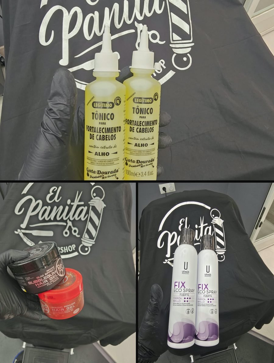 Producto profesional de El Panita Barbershop: Tónico Gota Dourada con extracto de ajo; Geles de fijación RedOne Bubblegum y Magic Power; Laca Ufaes Fix Eco Spray de fijación fuerte
