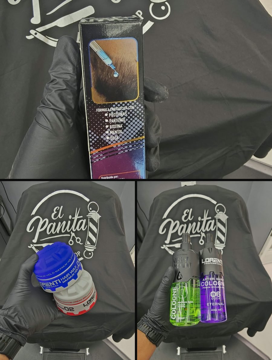 Producto profesional de El Panita Barbershop: Tónico capilar con proteínas, pantenol y biotina; Cera Lorenti de máxima fijación y brillantina en crema; Colonias after shave Nishman y Lorenti